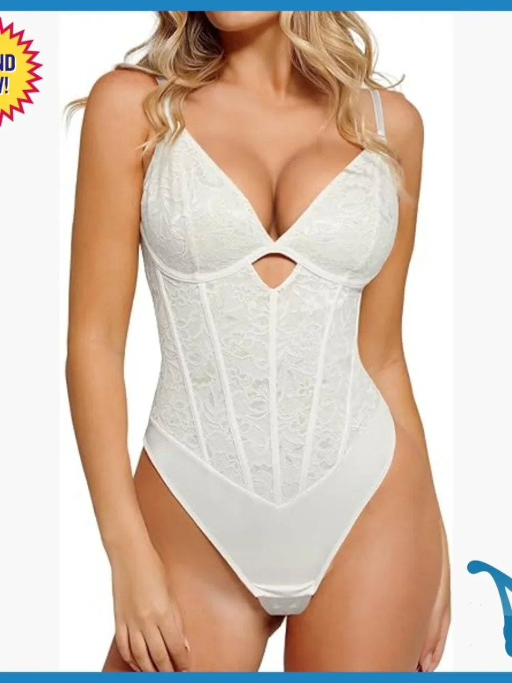 Lace Shapewear Bodysuit with Tummy Control Side Zipper V-Neck